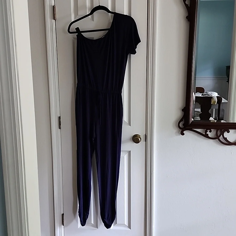 Navy Blue One Shoulder Jersey Jumpsuit - Picture 1 of 8